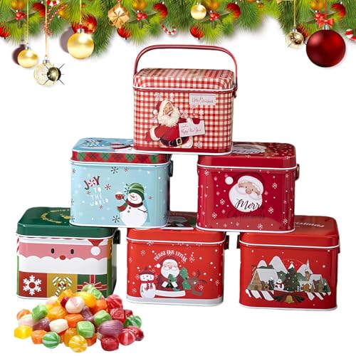 Latas de galletas navideñas, caja de metal de 5,12 pulgadas, 6 unidades, cajas para cupcakes, recipientes de hojalata, tarros de galletas con mango de Papá Noel, ideales para aperitivos navideños