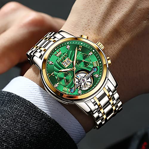Image of OLEVS Men Automatic Watch Skeleton 5 Hands Mechanical Classic Luxury Multi Calendar Stainless Steel Waterproof Wrist Watch for Men