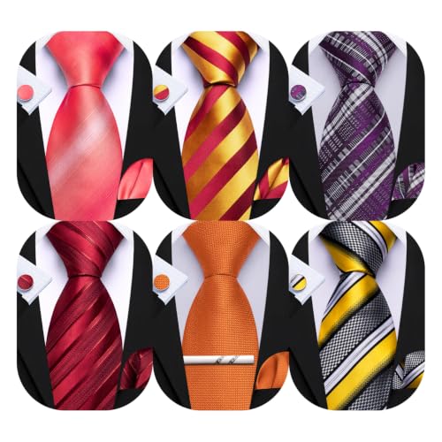 Image of Barry.Wang Men 6PCS Tie Silk Gift Necktie Clip Woven Tie Sets Party | Men Tie Classic Silk Gift Necktie With Tie Clip Jacquard Woven Neck Ties 6PCS Formal Wedding