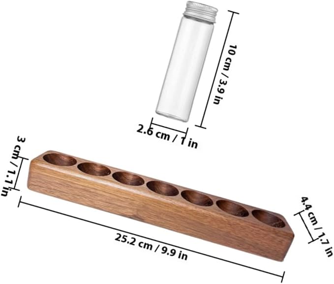 Soporte para tubos de almacenamiento de granos de café con 7 tubos de vidrio y base de madera miniatura 3