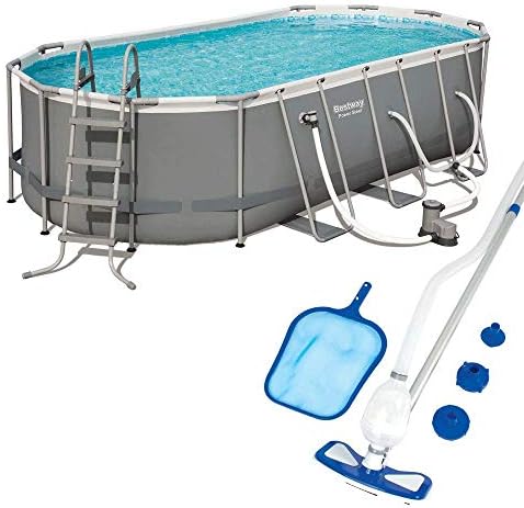 Bestway Power Steel 18'x9'x48 Above Ground Oval Swimming Pool Set with 1500 GPH Filter Pump and Cleaning Accessories with Vacuum and 9 Foot Skimmer