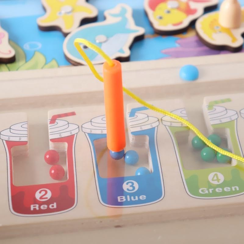 Image of Wooden Magnetic Fishing Toy for Kids, Montessori Ocean Theme Color Matching and Counting Board, Educational Learning Game with Fishing Rod.