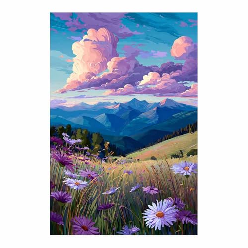 Tableau peinture fleurs Vallée des Marguerites Pourpres 80x120cm