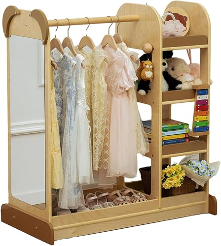 دولاب ملابس للأطفال الصغار مع منظمات ومرآة، أثاث مونتيسوري مساحة تخزين كبيرة من خشب البتولا الرقائقي الطبيعي