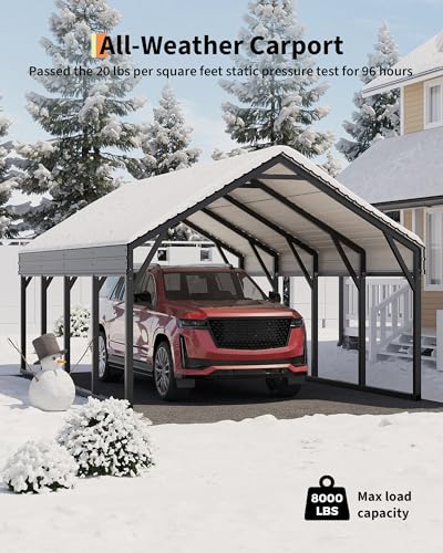 Image of GarveeLife 12x20 ft Metal Carport, Reinforced Frame and Steel Roof for All-Weather Use, Permanent Shelter for Bass Boats, Full-Sized Pickup Trucks, and Tractors