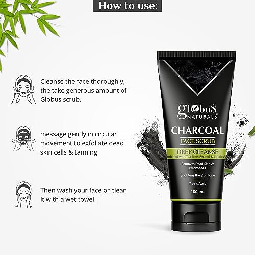 Image of Globus Naturals Anti Pollution & Anti Acne Charcoal Face Scrub, Detox & Deep Cleanse Formula, Fights Pollution and De-Tans skin, For Men with Oily & Acne Prone Skin, 100 gms