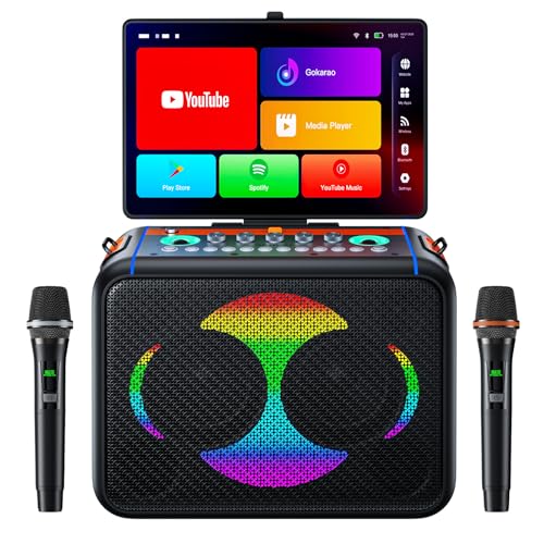 Smart Karaoke Machine with 14.0'' Touch Screen, Lyrics Display & Pre-Install Karaoke APP, Up to 600W Party Speaker and Dual Wireless Mics, Portable Karaoke Machine for Home or Outdoor Party (S702)
