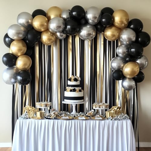 Image of 6 Black Gold Streamers, 492ft Pack of Crepe Paper Party Decorations | Each roll is 82 ft long and 1.8 Inch wide ideal for Birthday Party Decor, Wedding Decorations and Themed Parties