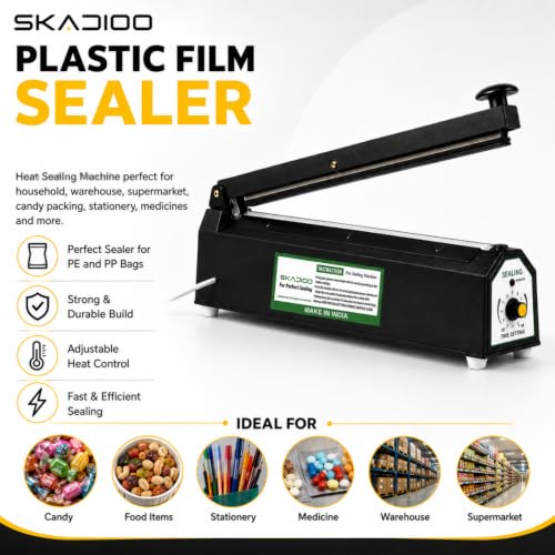 Image of SKADIOO Sealing Machine for Food Packets | 16 Inch Black Metal Body Heat Sealer with Adjustable 8 Level Timer Control | Hand Press Packet Sealer Machine for Plastic Bags, PE & PP Bags, Home & Shop Use