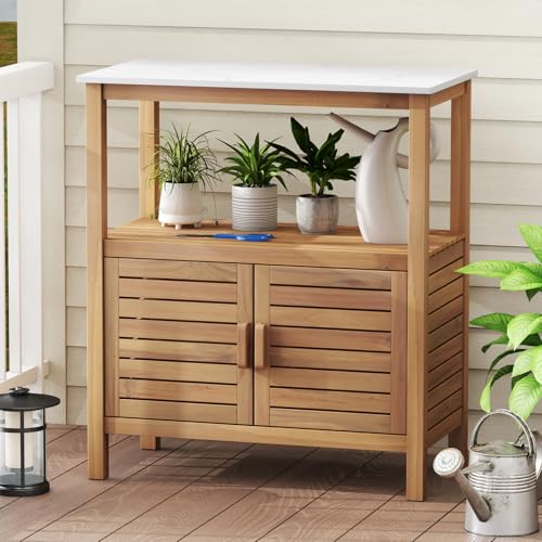 COSTWAY Armario Exterior de Madera de Acacia, Arcon Exterior de 2 Puertas y 2 Estantes, Tablero de Resina, Baul Almacenaje Exterior, 80 x 40 x 90,5 cm - imagen 9