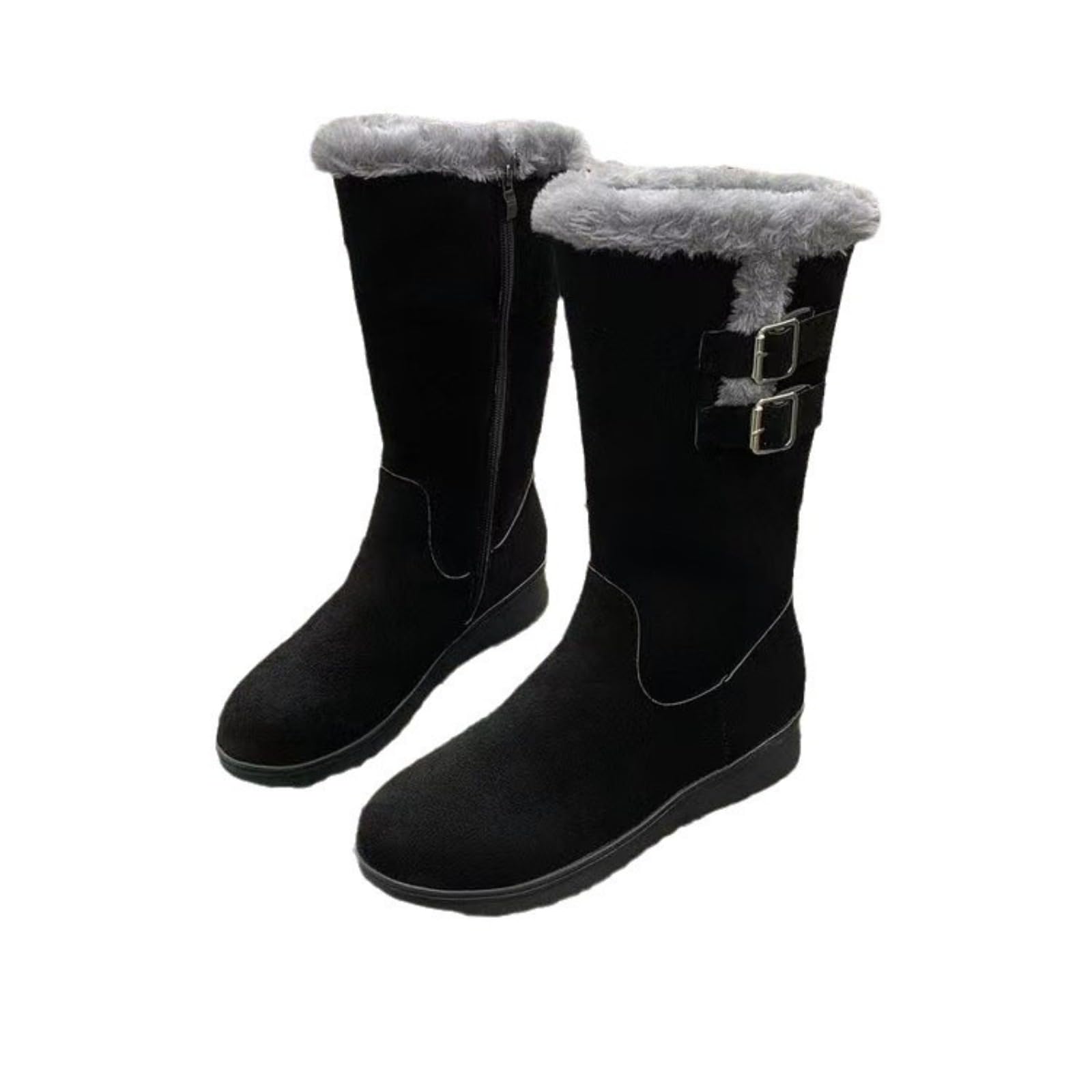 Womens Wedge Snow Boots Suede Mid Calf Boots with Side Zipper Faux Fur Lined Water Resistant Winter Boots