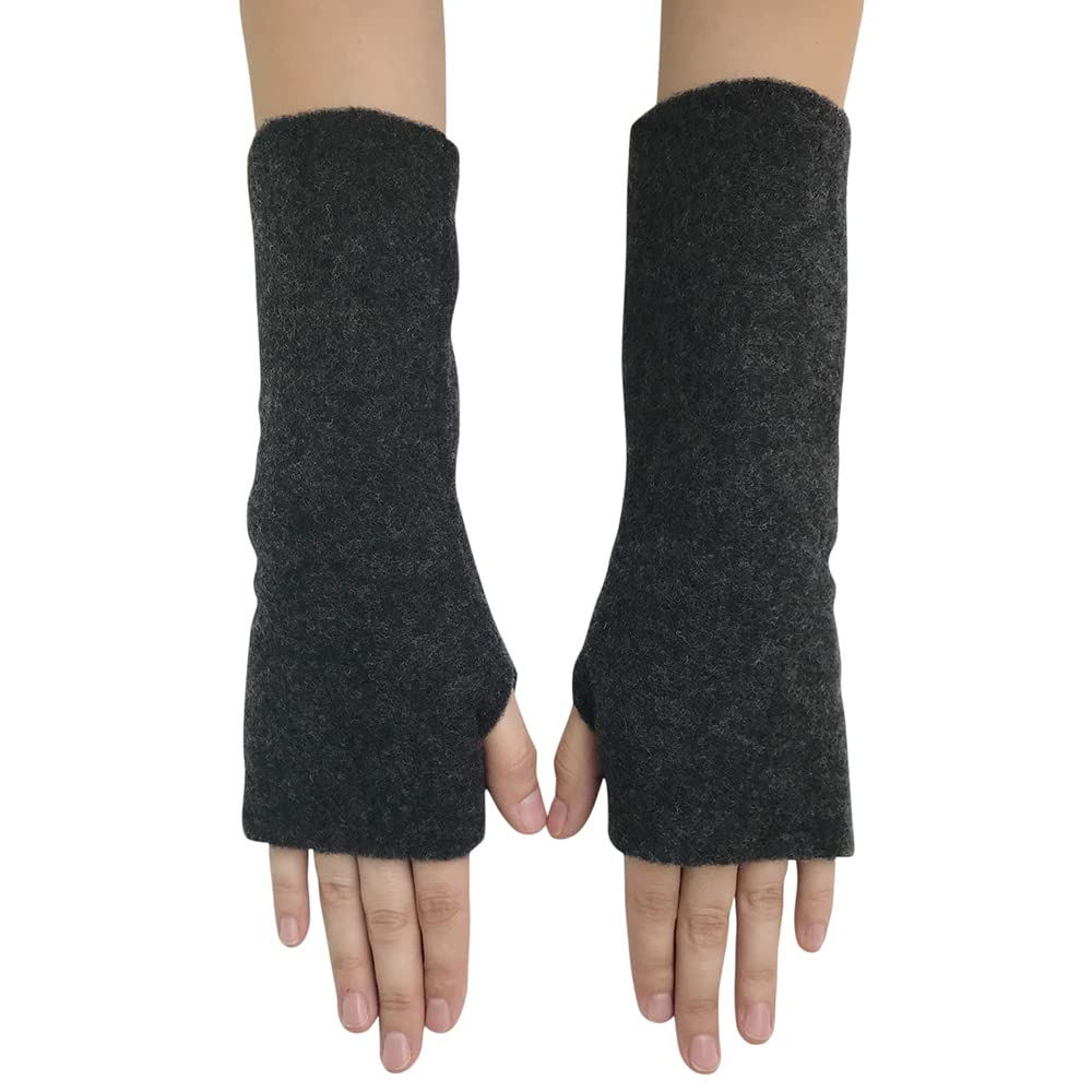 Ecoable Women’s Arm Warmer Sleeves - Fingerless Gloves with Thumb Holes, Pure Merino Wool Fleece (Black Melange)