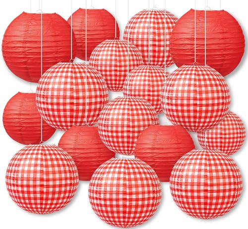 Red Gingham Party Decorations 16-Pc Lanterns for Picnic & Pizza Parties