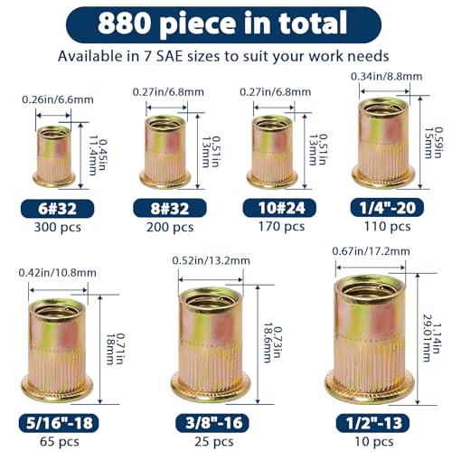 Image of SAE Rivet Nut Assortment Kit(880 Pcs), #6-32#8-32#10-24 1 /4 inch-20 5 /16 inch-18 3 /8 inch-16 1 /2 inch-13 UNC Flat Head Rivnut Set, Zinc Plated Finish Carbon Steel Nutsert