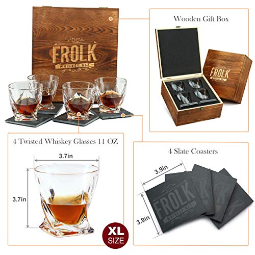 Whiskey Glasses Set Of 4 - Gift For Men, Dad, Father, Brother - Twisted Old Fashioned Classic Whiskey Glass Set With Slate Coasters In Premium Wooden Box - Twist Glasses For Whisky, Bourbon, Scotch #TOP2