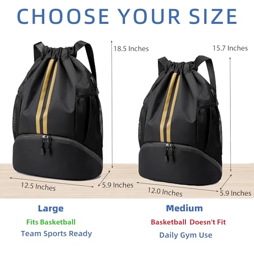 Image of JELUTAR Drawstring Backpack Gym Bag with Shoes Pocket, Black Gold | Water-Resistant String Backpack for Soccer, Basketball, Swim, Beach Cinch for Women Men, 18 L Large Capacity, Wet Pocket
