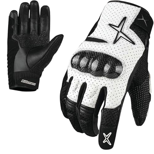 Royal Men Gear Gants de moto en cuir de qualité supérieure pour écran tactile avec protection des phalanges, gants de course (blanc de course, taille XL)...