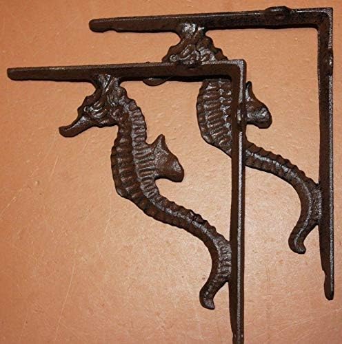Seahorse Shelf Brackets Cast Iron 7 3/4 inches Vintage Look Brown Finish, Set of 2, B-75