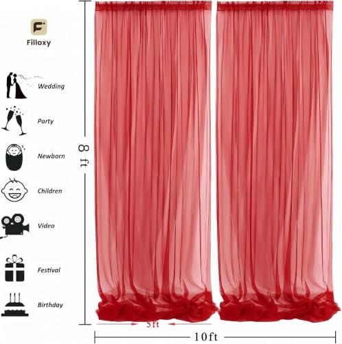 Image of White Net Backdrop Curtain Set for Decoration, 2 Pieces, 8 x 5 feet, for Wedding, Birthday, Anniversary, Engagement (RED)