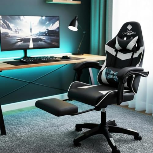 Image of Casa Copenhagen Designed in Denmark,High-Back Italian Leather Gaming Ergonomic Chair with Advanced Mechanism & Electric Back Massager, Memory Foam Seating & Multi Function Arm-Rest - White & Black