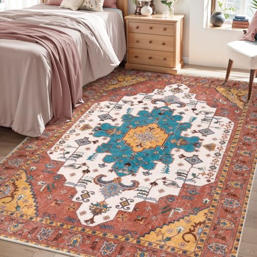 SERISSA Bedroom Rug 4x6 Boho Rug, Vintage Orange Washable Area Rugs Non Slip, Ultra Soft Print Distressed Low-Pile Throw Rug Carpet for Nursery Dorm Kitchen Living Room Decor