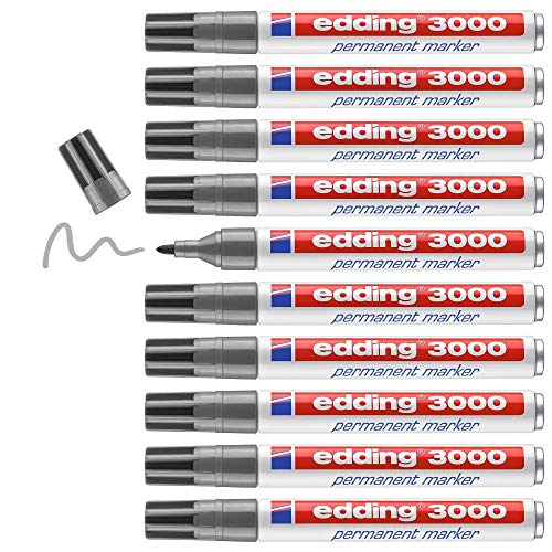 edding 3000 Permanentmarker - grau - 10 Stifte - Rund-Spitze 1,5-3 mm - schnell trocknender Permanent Marker - wasserfest, wischfest - für Karton, Kunststoff, Holz, Metall - Universalmarker