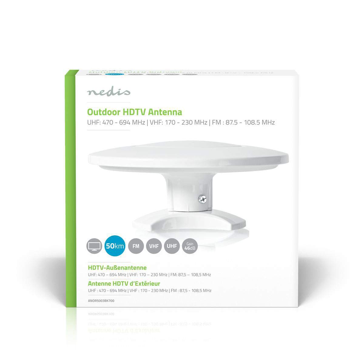 NEDIS - Antenna HDTV - Guadagno 46dB - FM/VHF/UHF - Portata 50 km - per esterni - Bianco ANOR5003BK700, compatta