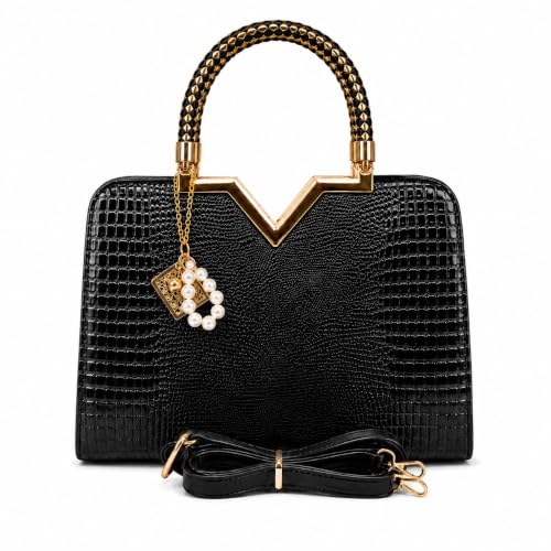 Image of Women’s Luxury Black Croc Embossed PU Leather Top Handle Handbag