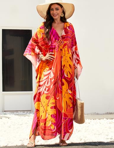 Image of MAKABO Kaftan Dresses for Women, V Neck Moo Moos Colorful Print Cover Ups Caftan Beach Dresses for Swimwear
