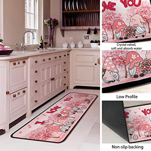 Valentines Day Gnome Kitchen Rugs Set 2Pcs I Love You Heart Kitchen Floor Rug And Mat Non Skid Waterproof Kitchen Rug Standing Area Mat For Anniversary Wedding Holiday Indoor Decor 17"X47"+17"X30" #TOP3