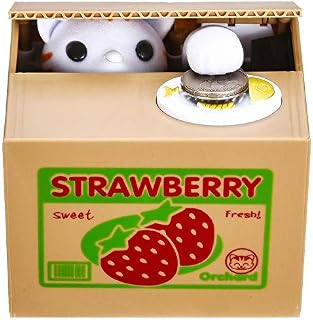 Cat Money Box, Piggy Bank for Kids/Adults, Automatic Stealing Coin Money Bank with Upgraded Clear English Voice, Gift for Kids (Strawberry Cat)