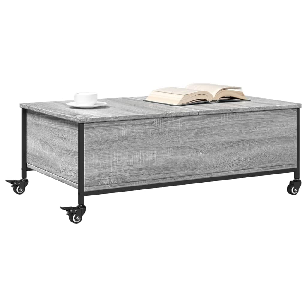 Tavolino da salotto con ruote, grigio sonoma, 91 x 55 x 34 cm, in legno, mobile per soggiorno, con spazio e ruote bloccabili, per soggiorno, ufficio o decorazione
