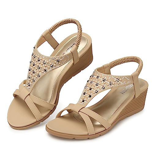 TEMOFON TEMOFON Sandals for Women Wedge Dressy: Summer Open Toe Dress Sandal Comfortable Casual Low Platform Beach Shoes Nude Size 8