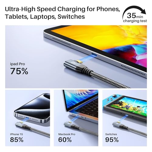 Image of ZeroneTeck USB C to USB C Cable (6.6FT 2 Pack), 4K USB C Monitor Cable Right Angle, UHD USB Type C Video Output, 20Gbps 100W Fast Charging, for MacBook, Dell, LG, HP, KYY,ARZOPA, ForHelp