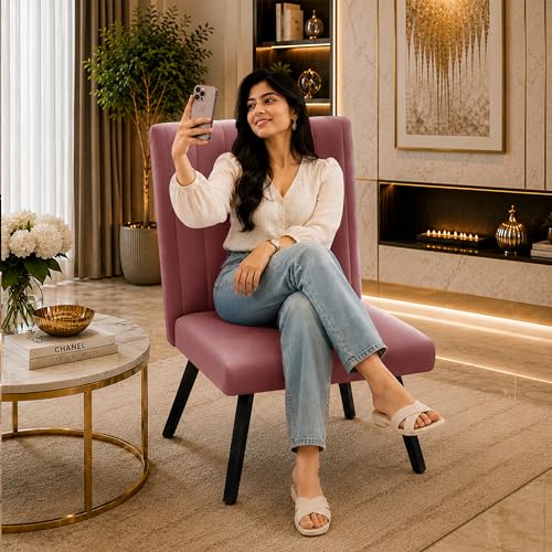 Image of Modern Velvet Accent Chair for Living Room | Upholstered Single Seater Chair with Metal Legs | Comfortable Seating for Bedroom, Office & Guest Room - Rose Pink