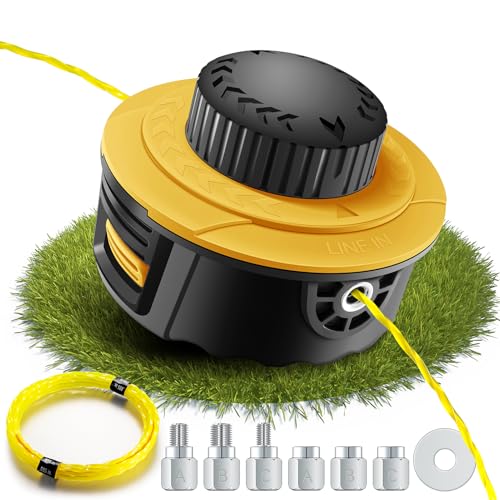 Fadenkopf für Motorsense mit Trimmerfaden,Einfaches Tap & Go System,Universal passende Fadenspule mit 6 Gewindeadapter,für die meisten Akku-Rasentrimmer und Akku-Freischneide (Gelb)