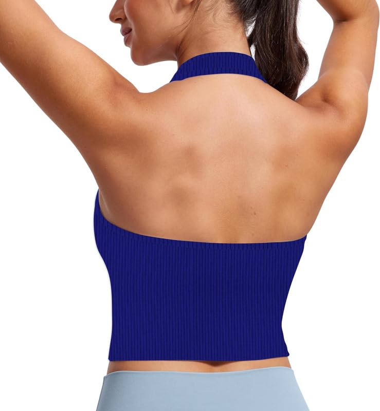Women's Solid Backless Ribbed Knit Halter Neck Top | Slim Fit Sleeveless Strappy Crop Tank Top Blouse for Girls L927-image-37