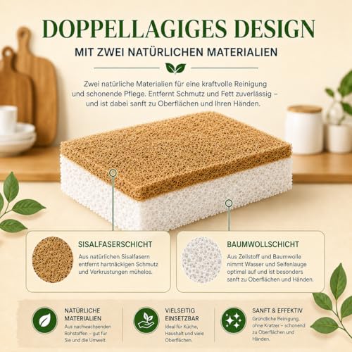 Biologisch Abbaubarer Spülschwamm 12er Set – Kompostierbarer Naturschwamm Aus Sisalfaser und Baumwolle, Umweltfreundlicher Putzschwamm – Geruchloser Küchenschwamm, Küchenschwamm, Schwamm nachhaltig