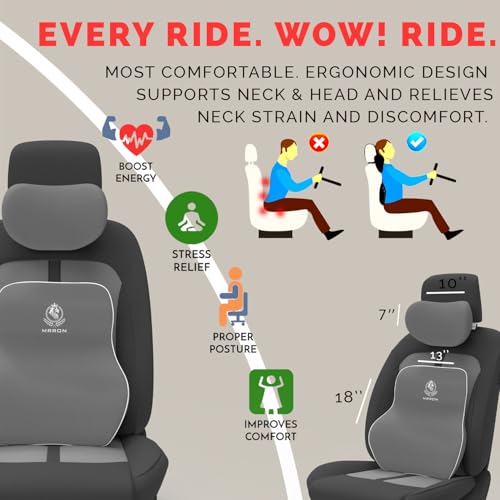 Image of MRRON Series Memory Foam Neck Rest & Lumbar Support for Car or Office Chair, Neck Pillow Kit Designed Ergonomically for Extra Support (Grey, Long Bac)