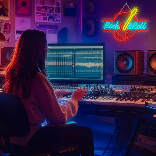 Image of Guitar Rock and Roll Neon Sign Music LED Neon Light Wall Decor for Party | Guitar shape light up sign, music room decoration for bars,music studios, man caves, parties, adjustable brightness, USB