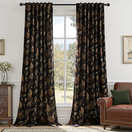 StangH Floral Printed Velvet Curtains for Living Room,Elegant Vintage Botanical