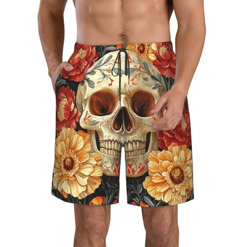Men's Beach Shorts Board Casual Quick Dry Swim Trunks Holiday - Gothic Skull Flowers Retro Art