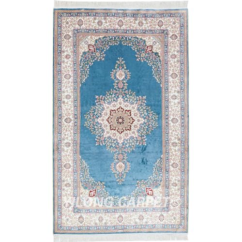 Yilong Carpet 3x5ft Blue Handwoven Silk Area Rug Bedroom Tapestry