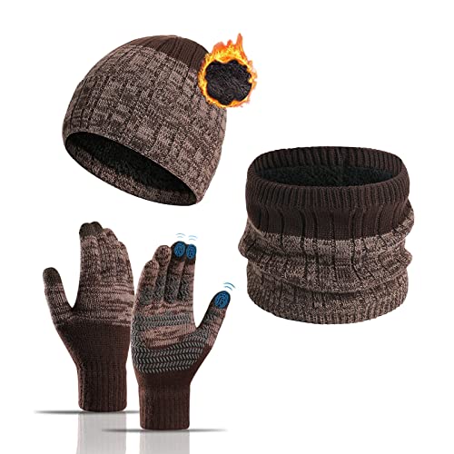 QUNERY 3 en 4 Set de Bufanda, Gorro y Guantes Hombres Mujeres Cálido Invierno Beanie Bufandas Gruesas y Guantes con Pantalla Táctil Caqui Cover