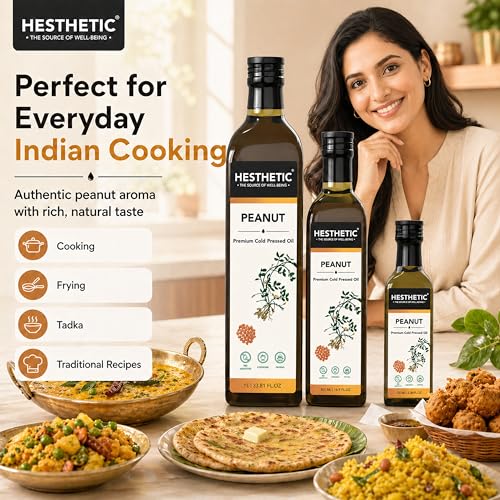 Image of HESTHETIC Cold Pressed Peanut (Groundnut) Oil 100ml | Pure Moongfali Ka Tel | Unrefined Food-Grade Cooking Oil, Rich in MUFA | Glass Bottle | Ideal for Indian Cooking