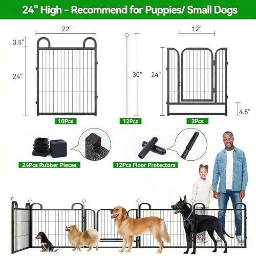 Image of Puppy Playpen 12 Piece Panels Small Dog Fence Outdoor Indoor Use 24 inch Height | Anti-Rust with Doors Portable Dog Play Pen for RV Camping Yard, Total 22FT, 30.25 Sq.ft, Snowy Black