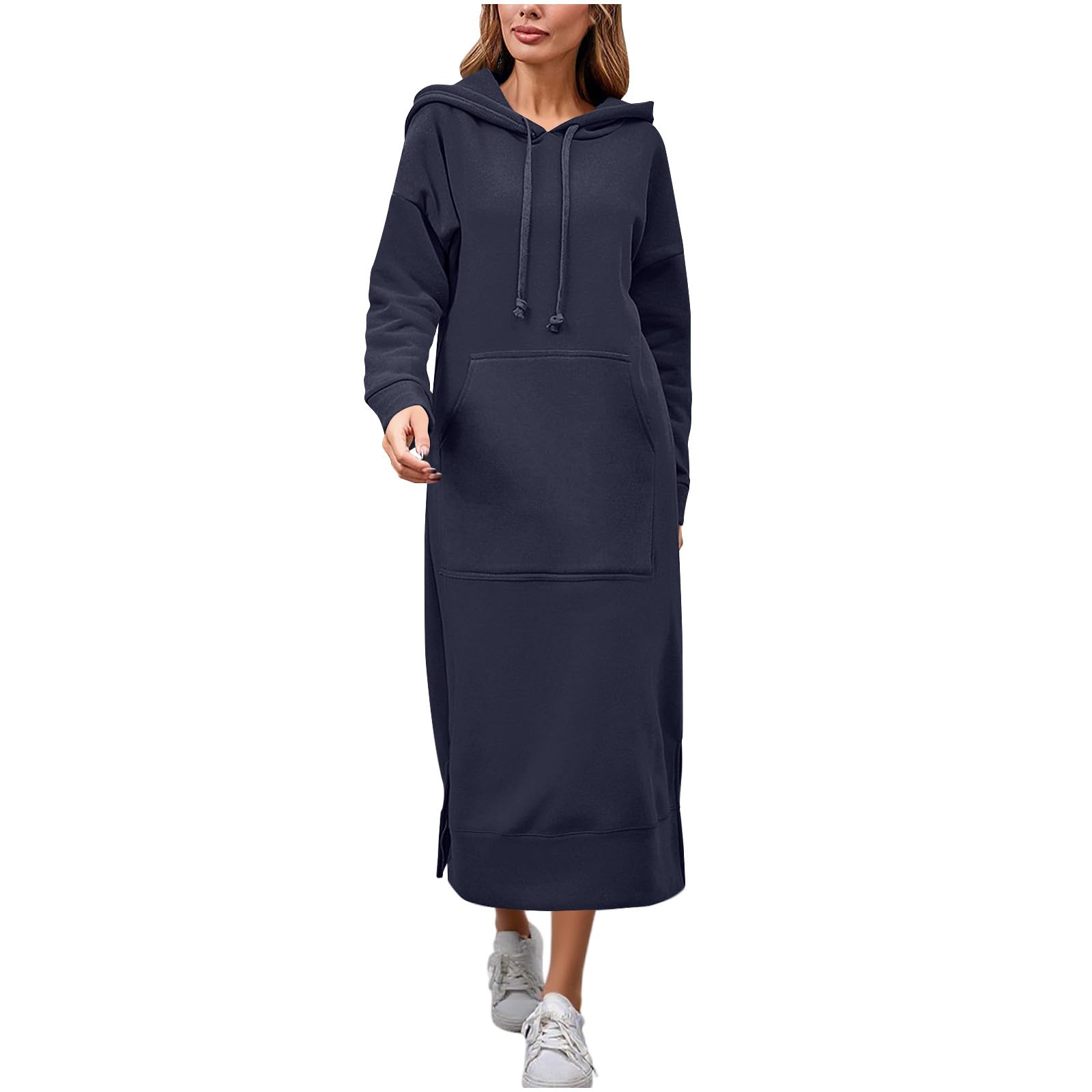 Womens Oversized Long Hoodie Dress Fall Outfits Drawstring Pullover Sweatshirt Dresses Winter Clothing with Pockets