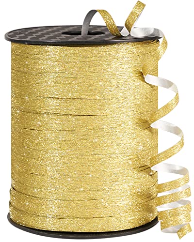 Image of PartyWoo Gold Ribbon, 500 Yard, Curling String Balloon Thin Gift Glitter Ribbon for Gift Wrapping Balloons Presents Floral Graduation Christmas Birthday Wedding Party Decorations (1 Roll)