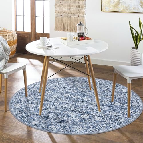 Blue 6' Round Rug Washable Rug for Entryway Soft Non-Slip Area Rugs Distressed Floral Low-Pile Carpet, Neutral Vintage Circle Rugs for Living Room Dining Bedroom Foyer
