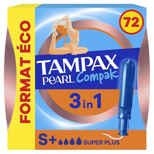 Tampax Compak Pearl, Super Plus, 72 Tampons Avec Applicateur, Flux Abondants, Format Eco, Triple Confort avec Applicateur doux, MotionFit, Voile Douceur,...